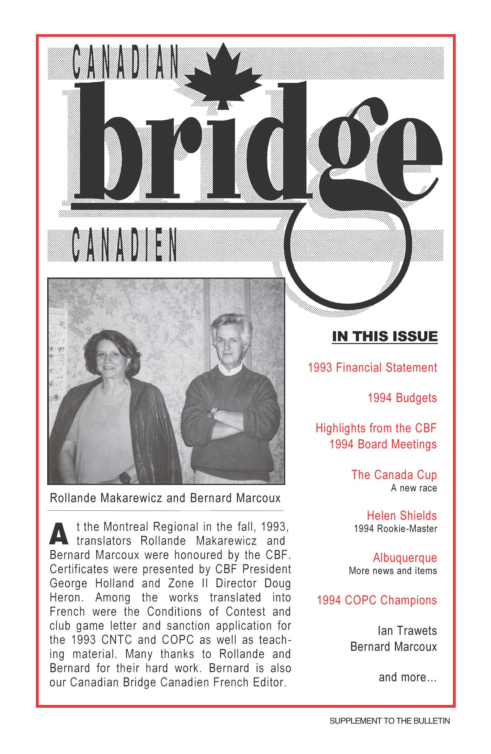 Bridge Canada August 1994 cover